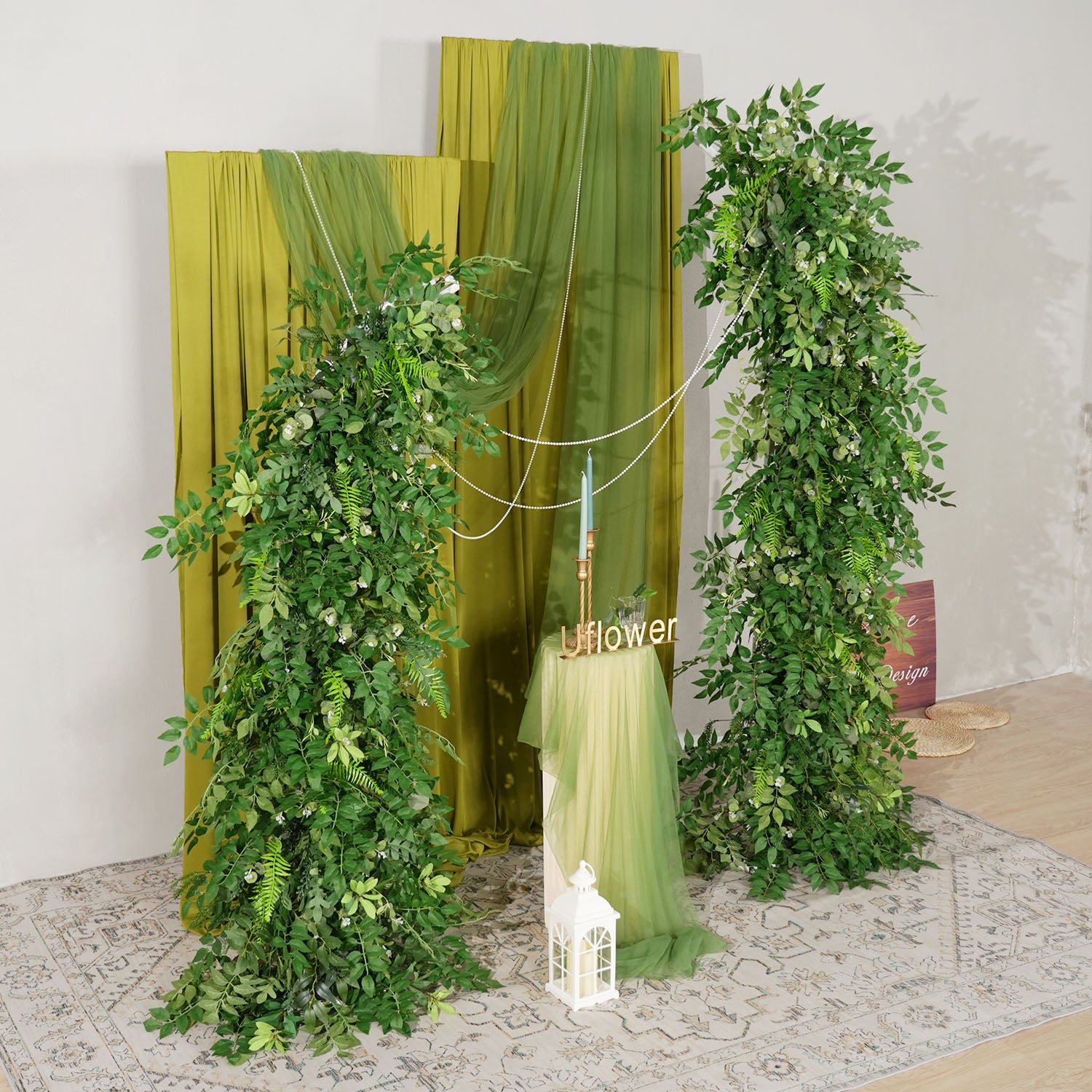 Uflower Green Leaf Horn Arch Wedding Party Backdrop Decor